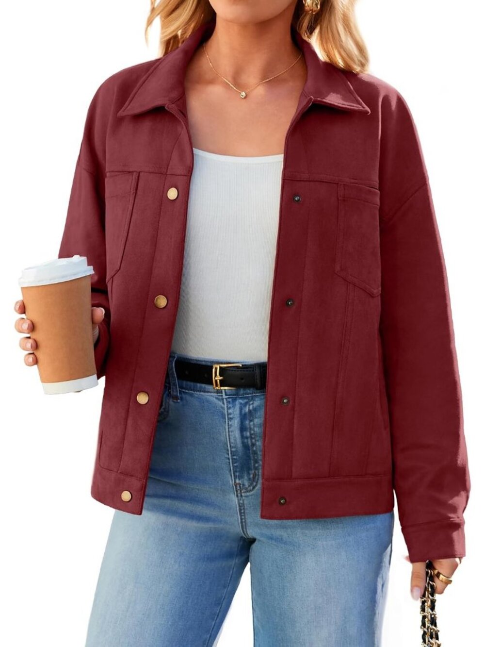 Women's Red Faux Suede Slightly Oversized Button-down Drop Shoulder Shacket